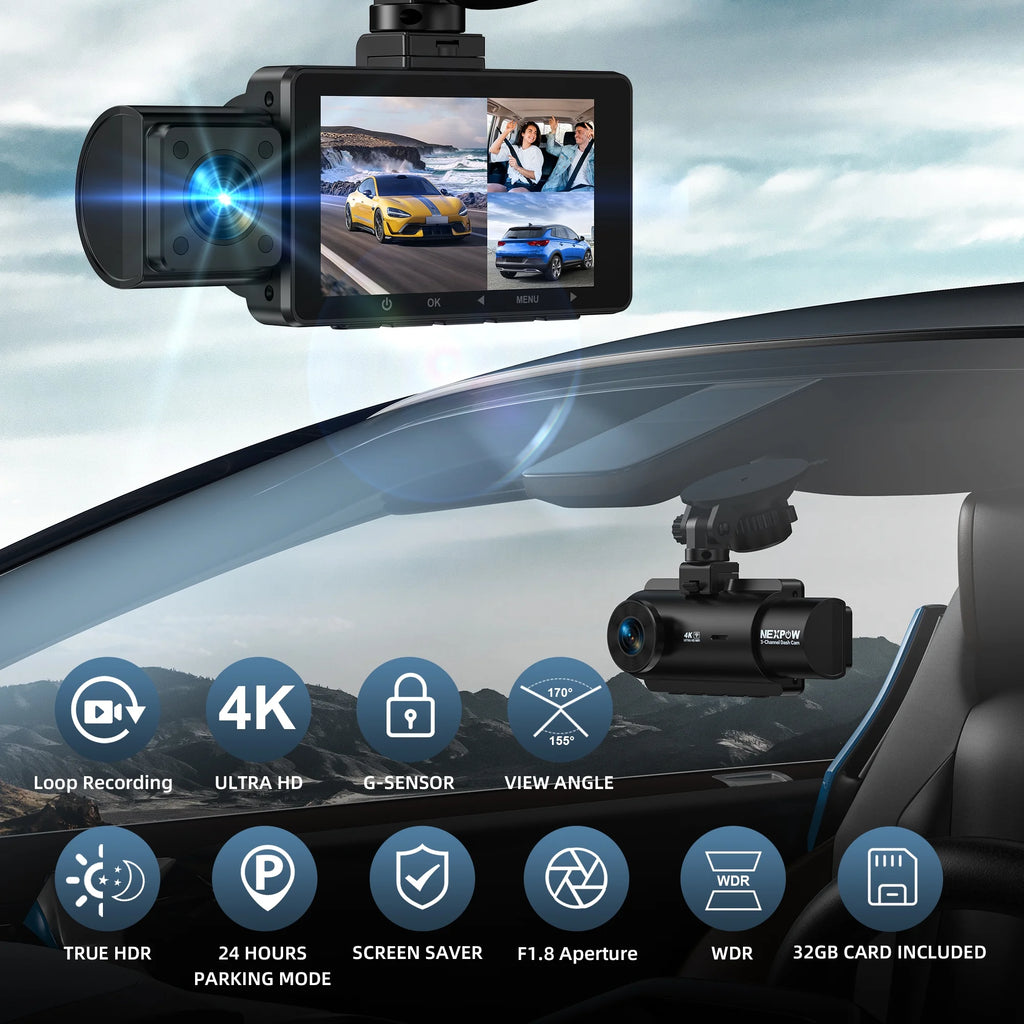 3 Channel 4K Wifi Dash Cam,Front Rear Cabin 4K+1080P+1080P,170°Wide Angle WDR Night Vision,Build-In Wifi with App,G-Sensor,Loop Recording,24H Parking Mode,32G SD Card Included
