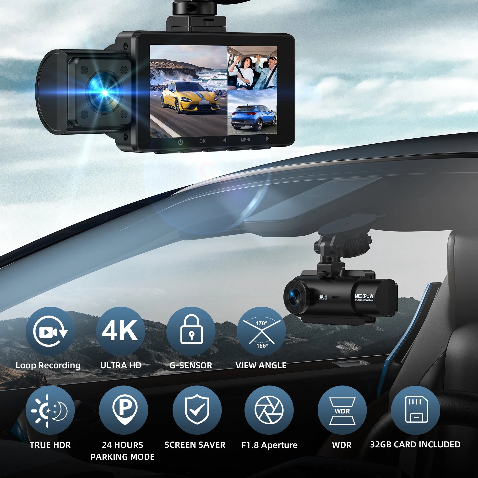 3 Channel 4K Wifi Dash Cam,Front Rear Cabin 4K+1080P+1080P,170°Wide Angle WDR Night Vision,Build-In Wifi with App,G-Sensor,Loop Recording,24H Parking Mode,32G SD Card Included