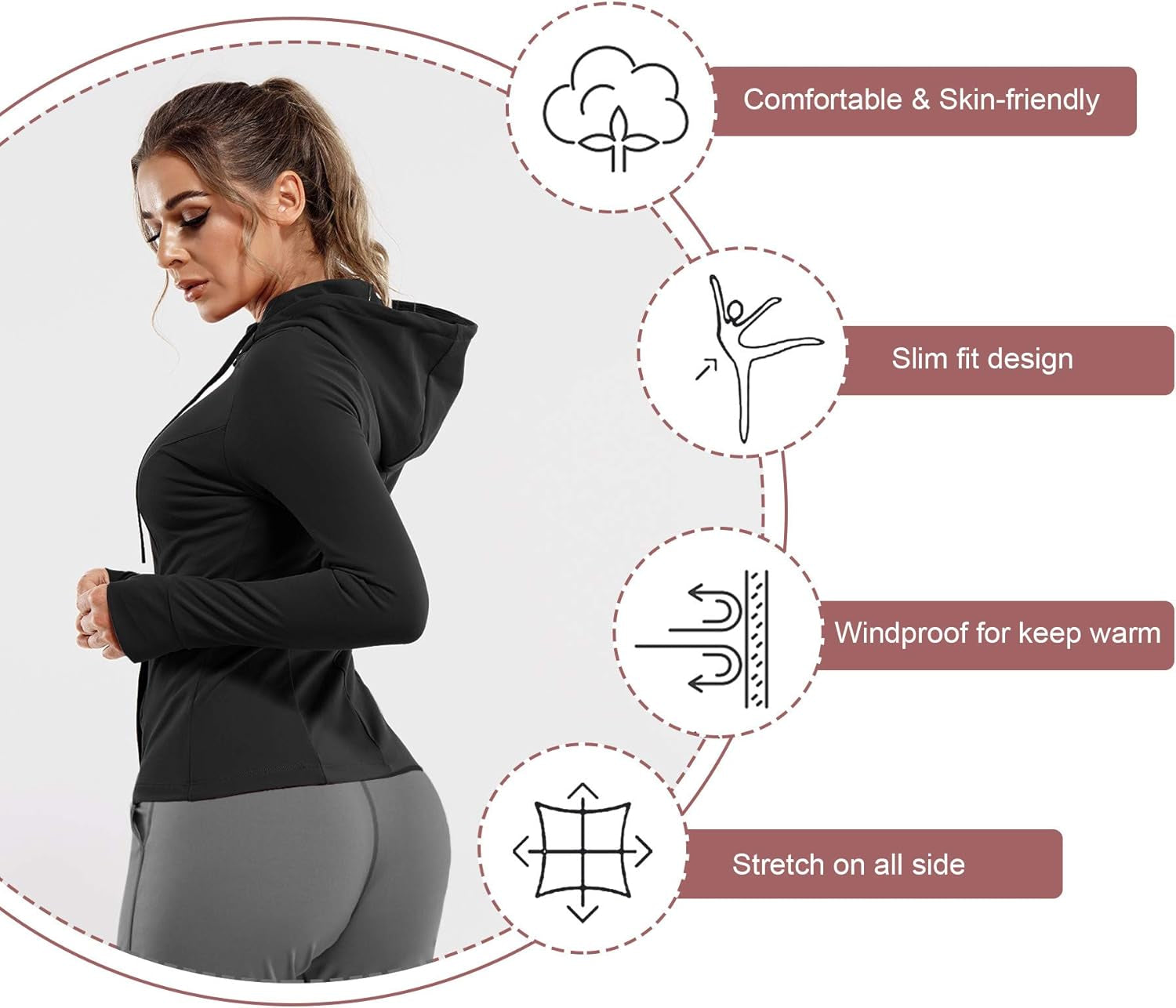 Women Full Zip Workout Sports Jackets Slim Fit Long Sleeve Yoga Track Hoodie Thumb Hole Athletic Running Jackets (Black, Large)