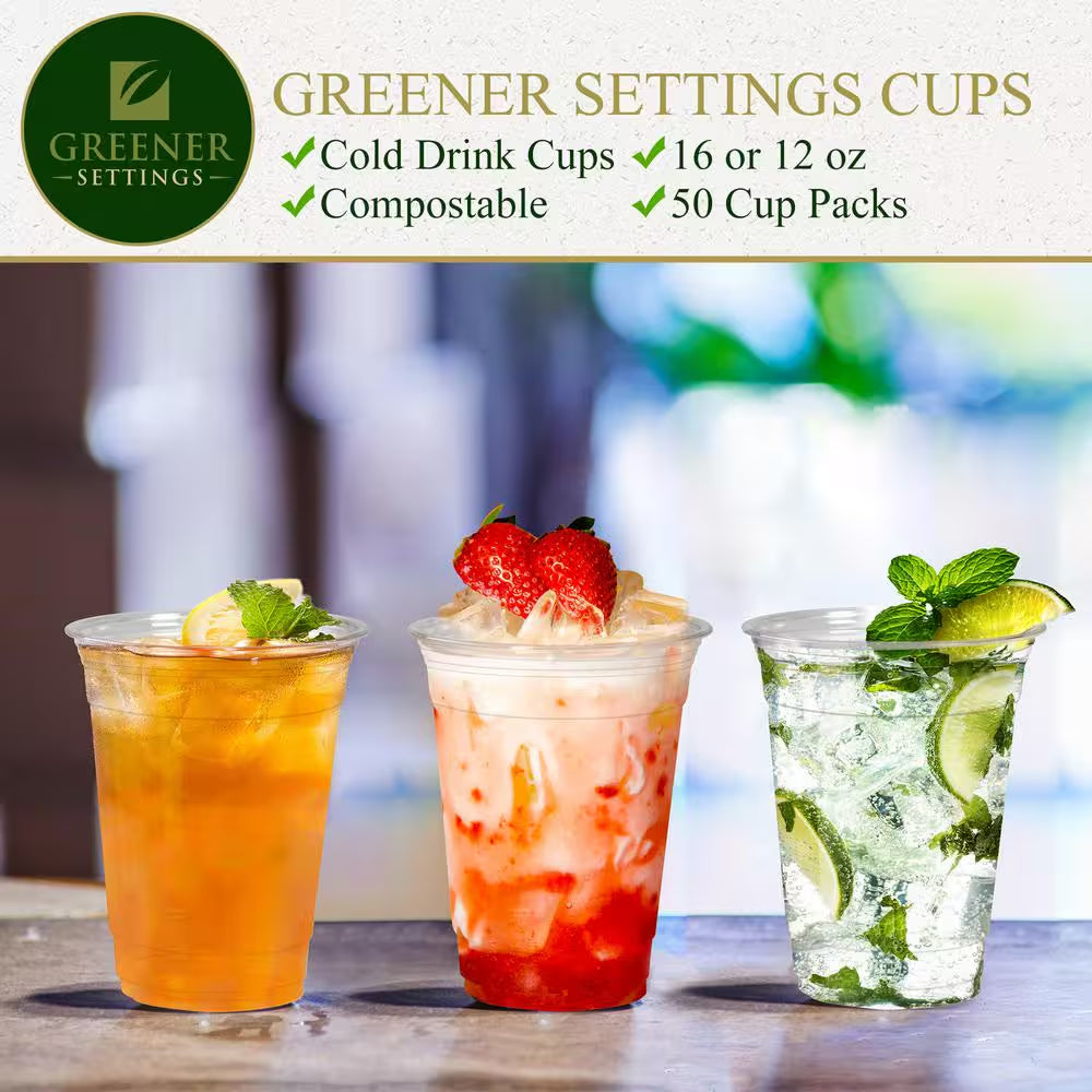 🌱 Greener Settings 16 oz Compostable Cold Cups – 50-Pack | Clear, Plant-Based, Eco-Friendly, BPA-Free