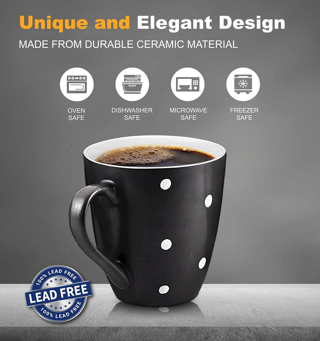 16 Oz Polka Dot Coffee Mug Set of 6, Large 16 Ounce Ceramic Mugcup Set in Black Polka Dot Design, Best Coffee Mug for Your Gift