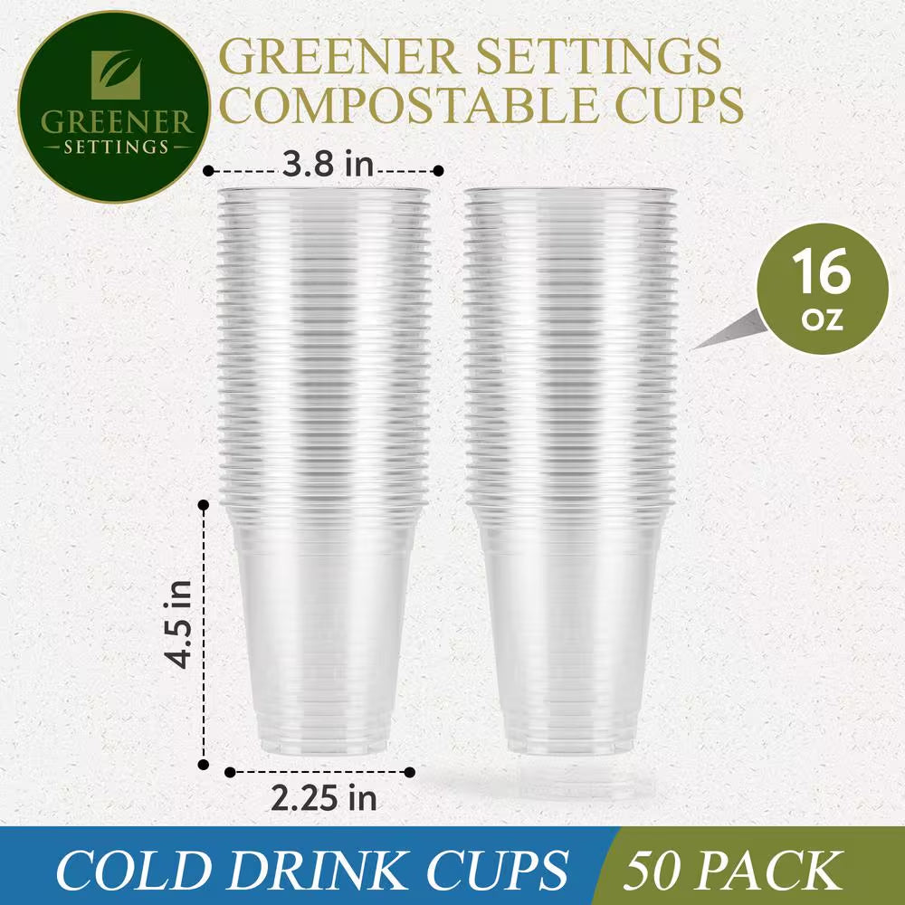 🌱 Greener Settings 16 oz Compostable Cold Cups – 50-Pack | Clear, Plant-Based, Eco-Friendly, BPA-Free