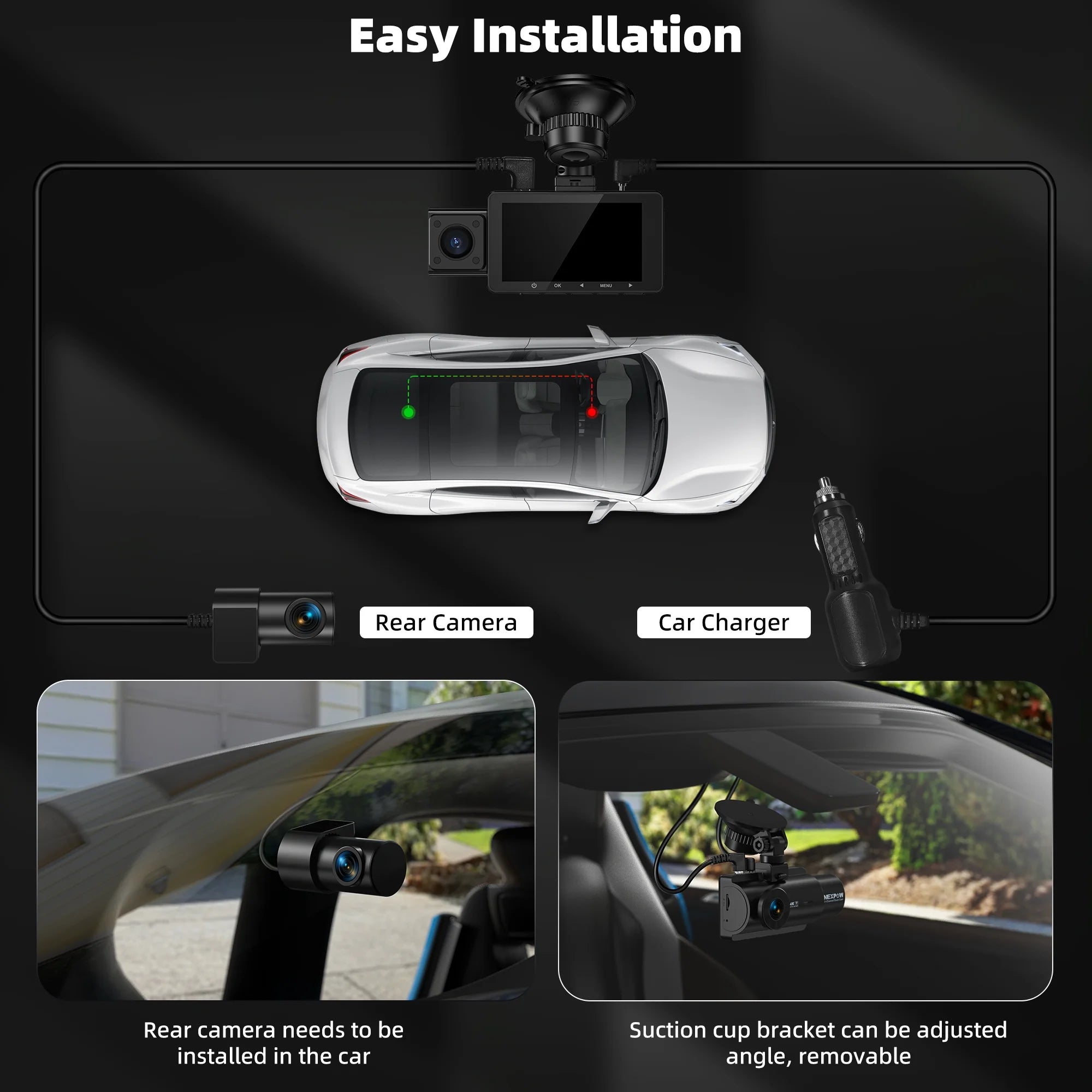 3 Channel 4K Wifi Dash Cam,Front Rear Cabin 4K+1080P+1080P,170°Wide Angle WDR Night Vision,Build-In Wifi with App,G-Sensor,Loop Recording,24H Parking Mode,32G SD Card Included