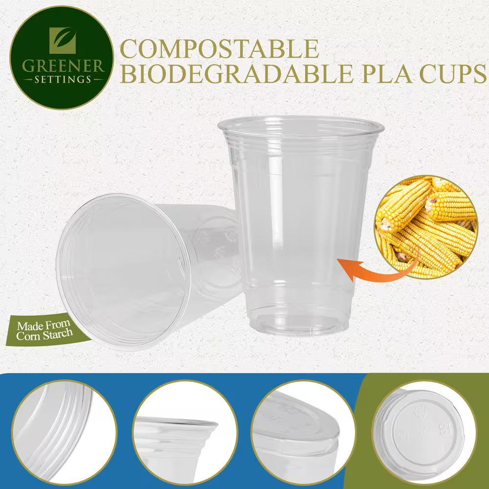 🌱 Greener Settings 16 oz Compostable Cold Cups – 50-Pack | Clear, Plant-Based, Eco-Friendly, BPA-Free