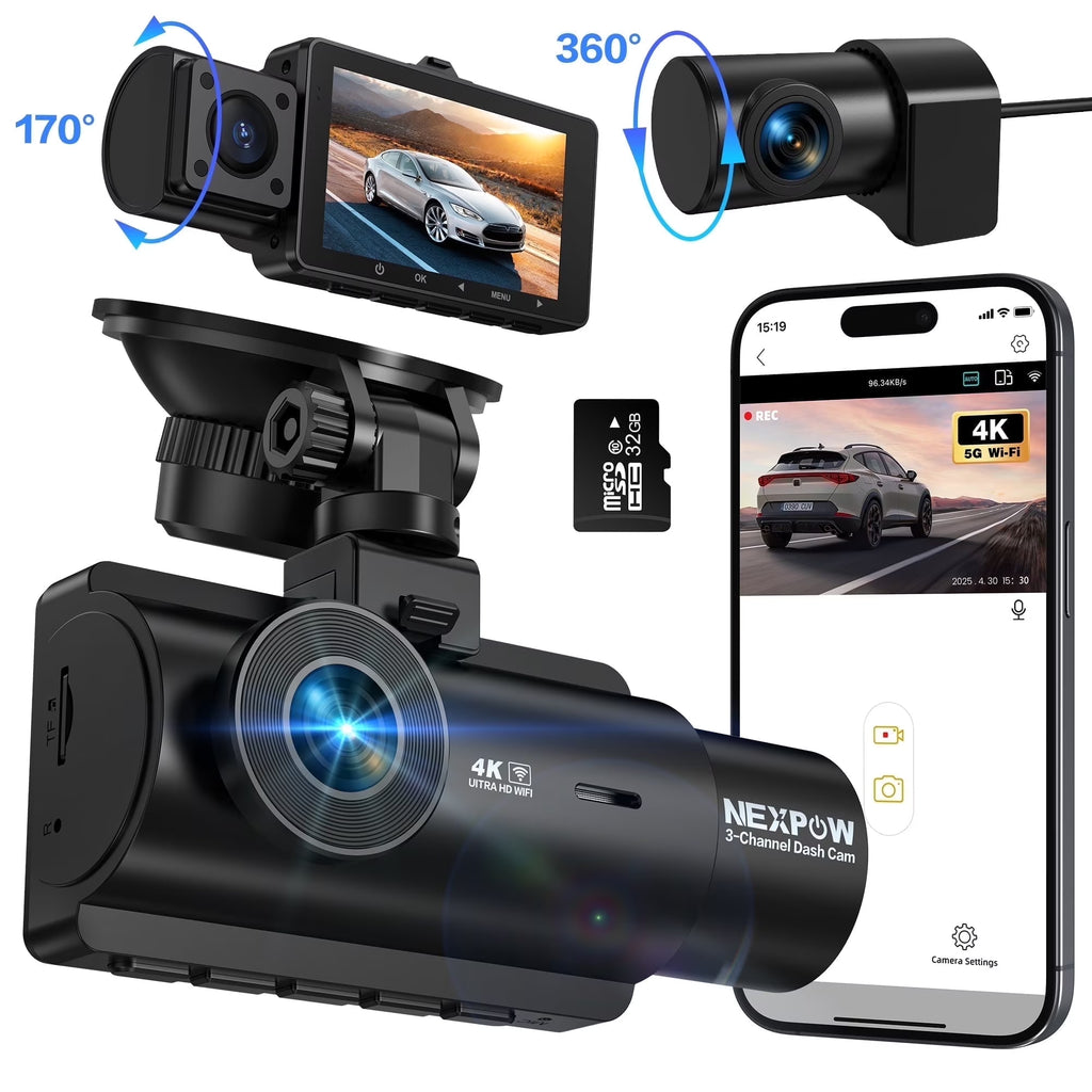 3 Channel 4K Wifi Dash Cam,Front Rear Cabin 4K+1080P+1080P,170°Wide Angle WDR Night Vision,Build-In Wifi with App,G-Sensor,Loop Recording,24H Parking Mode,32G SD Card Included