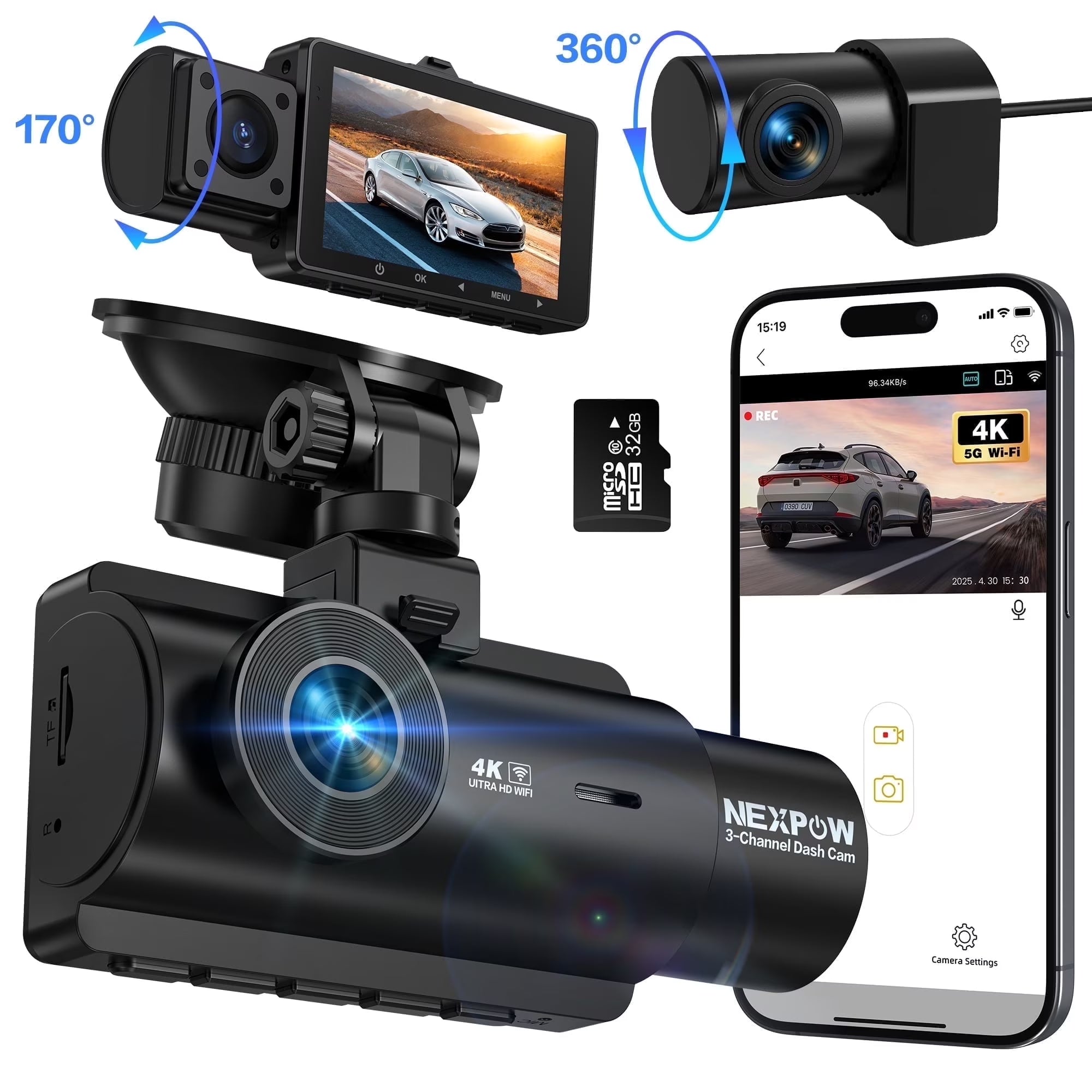 3 Channel 4K Wifi Dash Cam,Front Rear Cabin 4K+1080P+1080P,170°Wide Angle WDR Night Vision,Build-In Wifi with App,G-Sensor,Loop Recording,24H Parking Mode,32G SD Card Included
