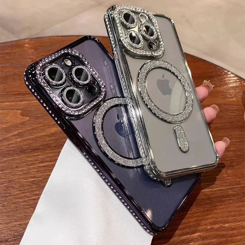 New Fashion Glitter Diamond Transparent Case For iPhone 16  17 Pro Max 16 Plus Magnetic Wireless Charge Bumper Cover