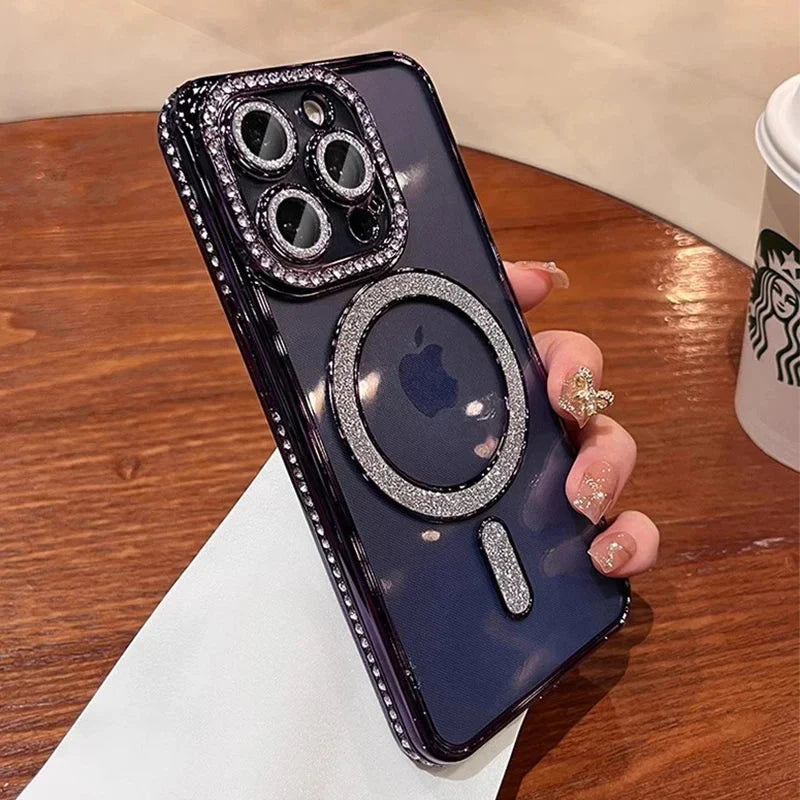 New Fashion Glitter Diamond Transparent Case For iPhone 16  17 Pro Max 16 Plus Magnetic Wireless Charge Bumper Cover