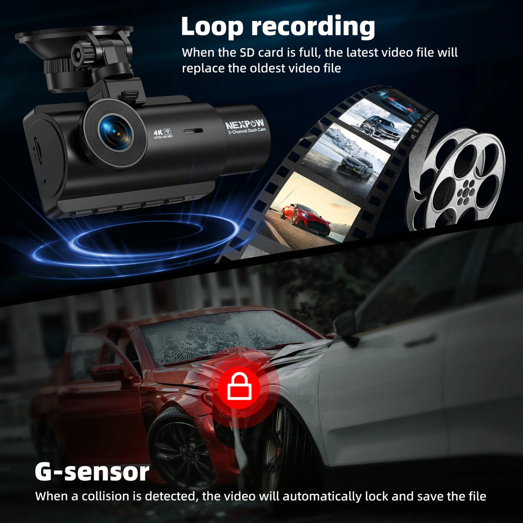 3 Channel 4K Wifi Dash Cam,Front Rear Cabin 4K+1080P+1080P,170°Wide Angle WDR Night Vision,Build-In Wifi with App,G-Sensor,Loop Recording,24H Parking Mode,32G SD Card Included