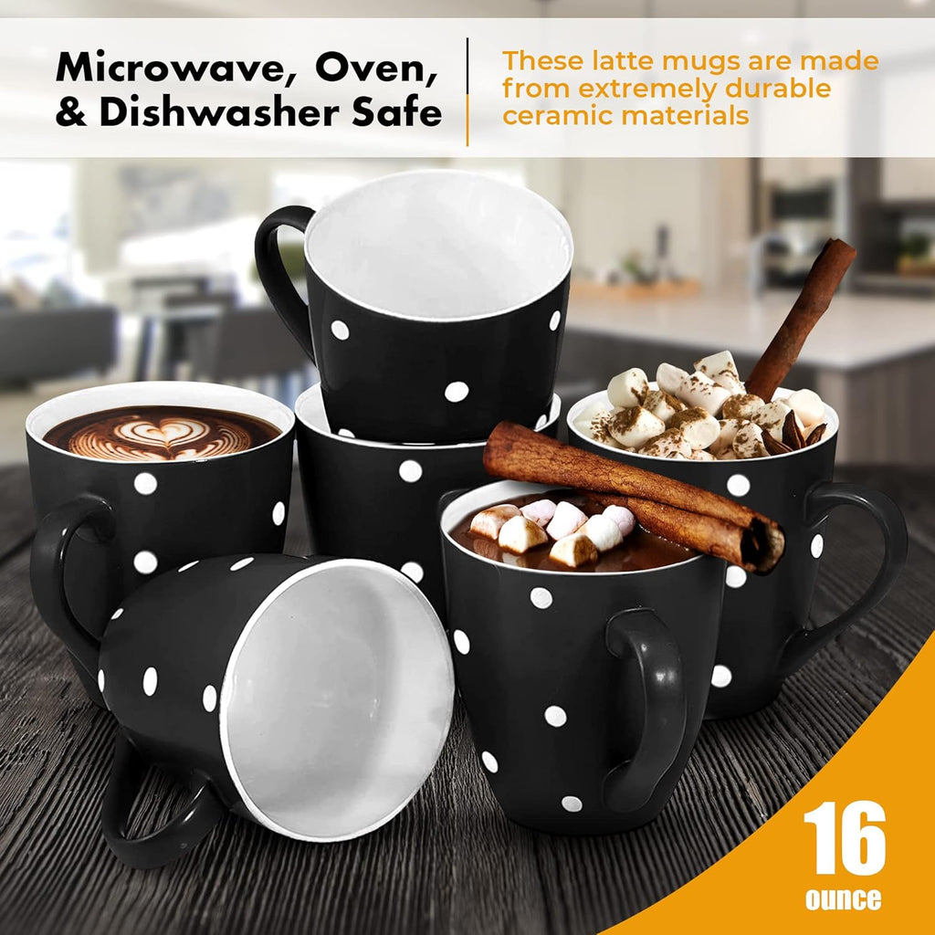 16 Oz Polka Dot Coffee Mug Set of 6, Large 16 Ounce Ceramic Mugcup Set in Black Polka Dot Design, Best Coffee Mug for Your Gift
