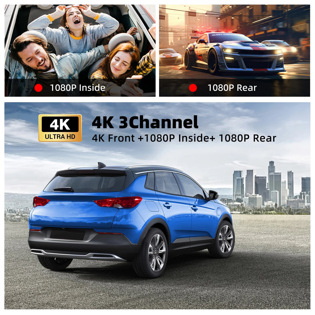 3 Channel 4K Wifi Dash Cam,Front Rear Cabin 4K+1080P+1080P,170°Wide Angle WDR Night Vision,Build-In Wifi with App,G-Sensor,Loop Recording,24H Parking Mode,32G SD Card Included