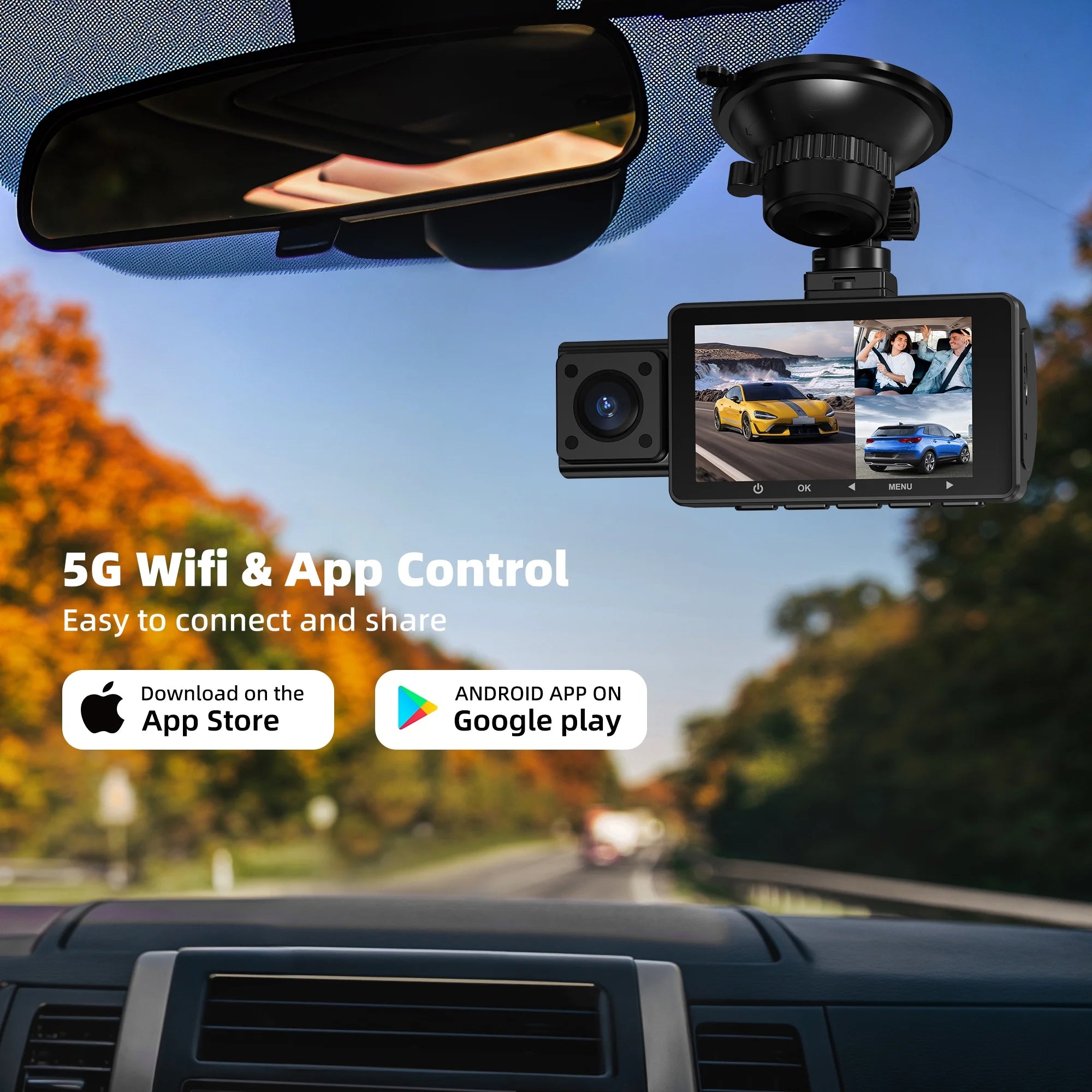 3 Channel 4K Wifi Dash Cam,Front Rear Cabin 4K+1080P+1080P,170°Wide Angle WDR Night Vision,Build-In Wifi with App,G-Sensor,Loop Recording,24H Parking Mode,32G SD Card Included