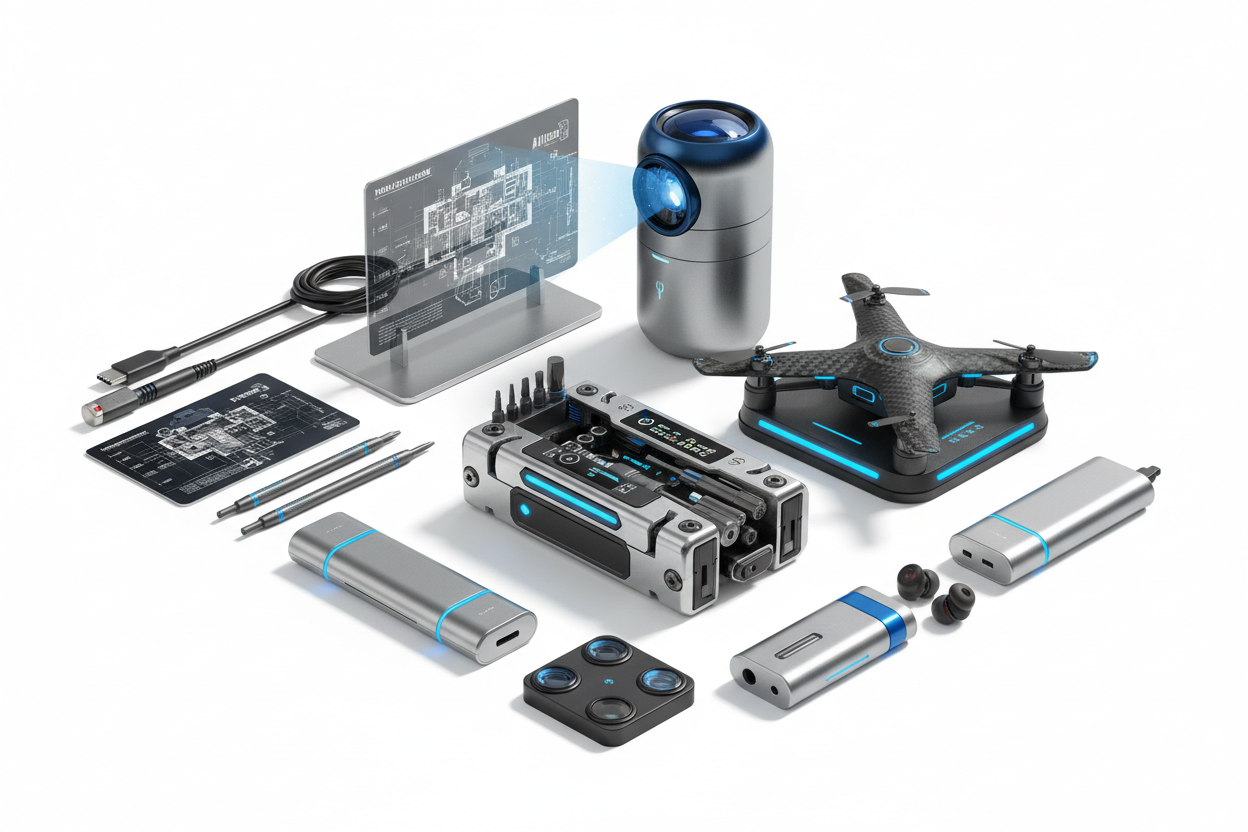 high tech, new inventions, small tools. 