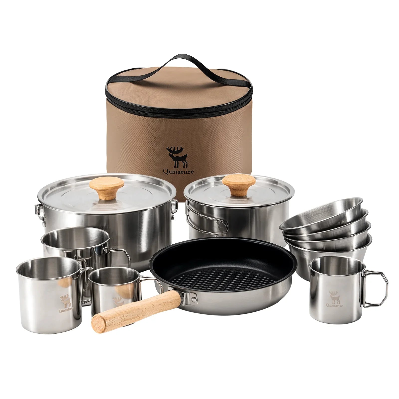 304 Stainless Steel 5-Piece Camping Cookware Set with Teflon Coating